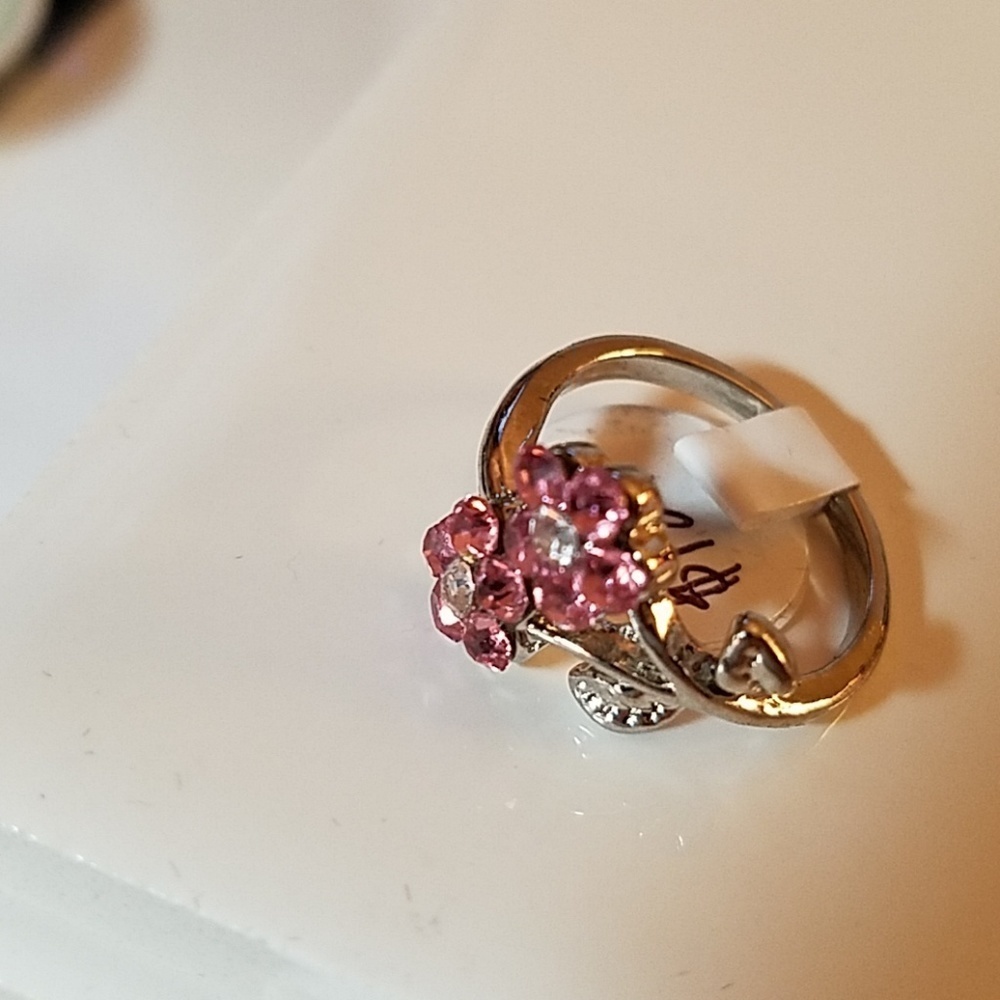 Pink Flower Rhinestone Silver Tone Ring Size 8